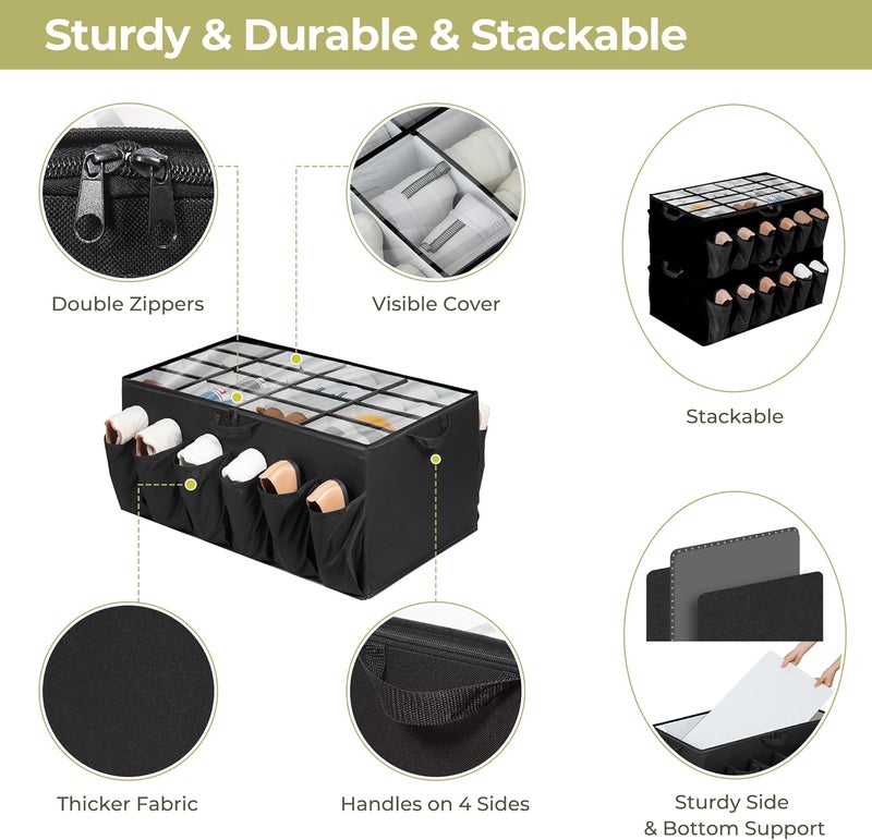 STORAGEIDEAS Shoe Organizer for Closet, Shoe Storage Solution with Clear Cover & Adjustable Dividers, Fabric Shoe Box Fits 16 +12 Pairs Shoes, Black, 2-Pack - Image 4
